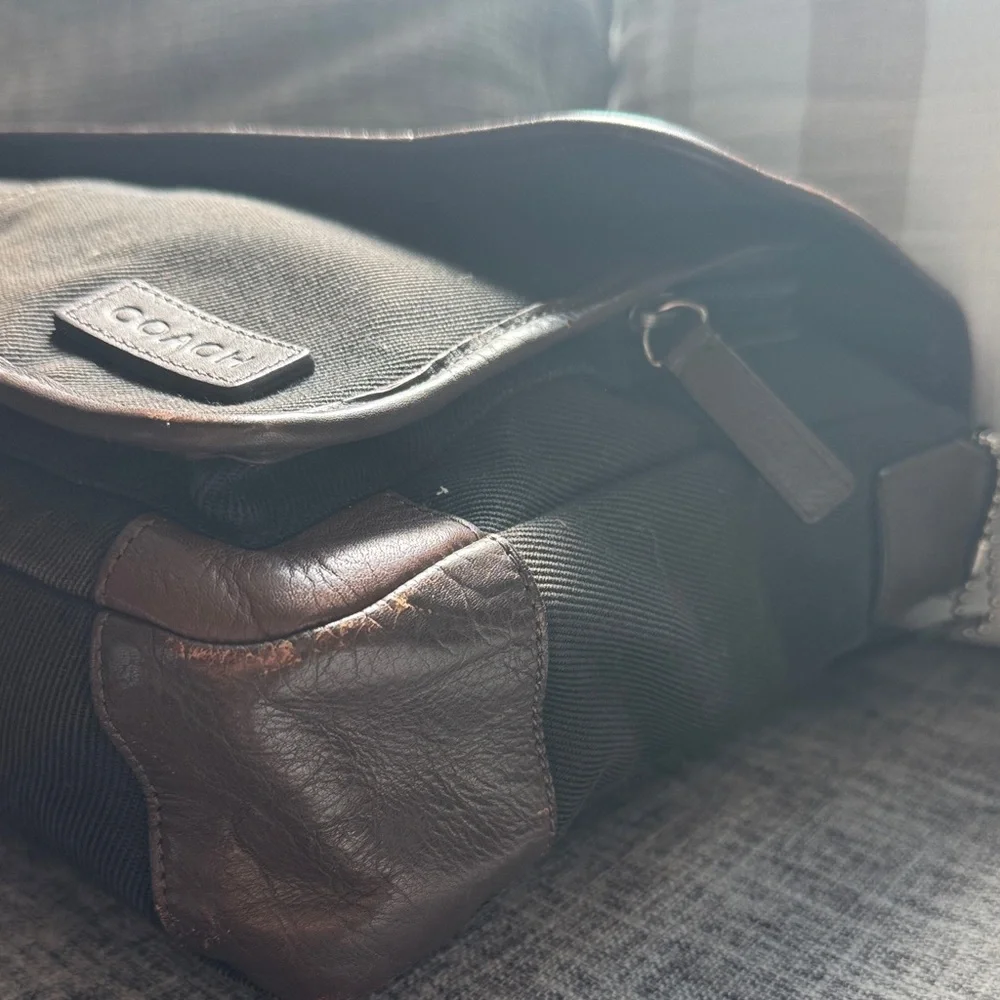 Coach Black Messenger Bag with Brown Leather Trimming & Brown Handle